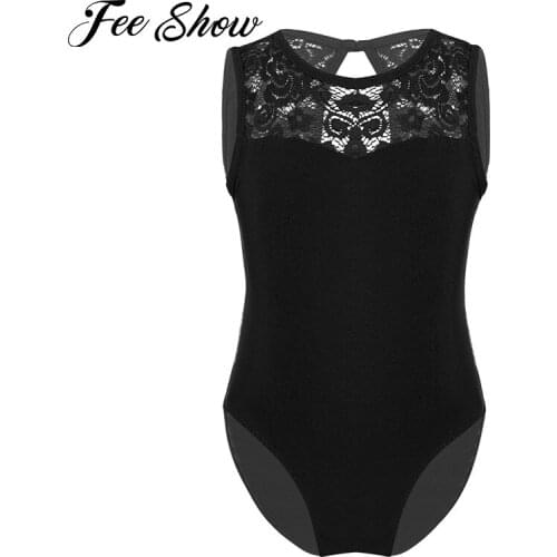 Kids Girls Dancewear Sleeveless Floral Lace Splice Cutout Back Ballet Dancing Gymnastics Leotards Gym Jumpsuit Stage Performance