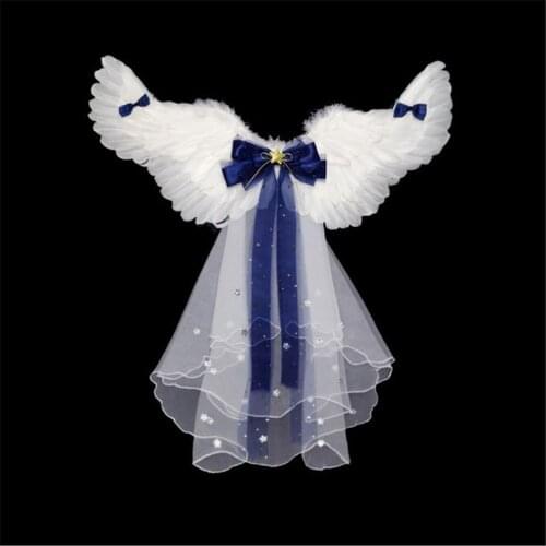 Halloween Kids COSPLAY Costume Sweet Feather Angel Wings + Sequin Ribbon Bow + Veil Floating Yarn Party Performance