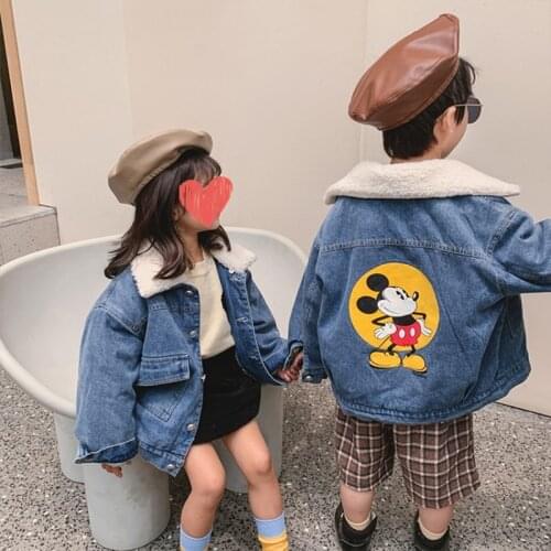 Disney Mickey Denim Jacket Furry Lapel Jeans Coat Thicken Velvet Children Autumn Winter Boys Girls Jean Blouses Korean Style