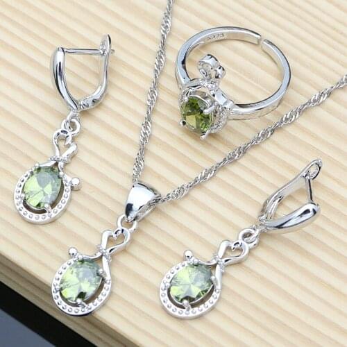 Olive Green Topaz Long Earrings 925 Silver Wedding Jewelry Sets for Women Small Wedding Party Open Ring Jewelry 10 Color Stone