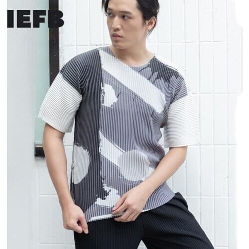 IEFB O-neck Short Sleeve Graffiti Japanese Streetwear Fashion T-shirt Loose Pleated Abstract Print Trend Elastic Tee Tops 9Y7363