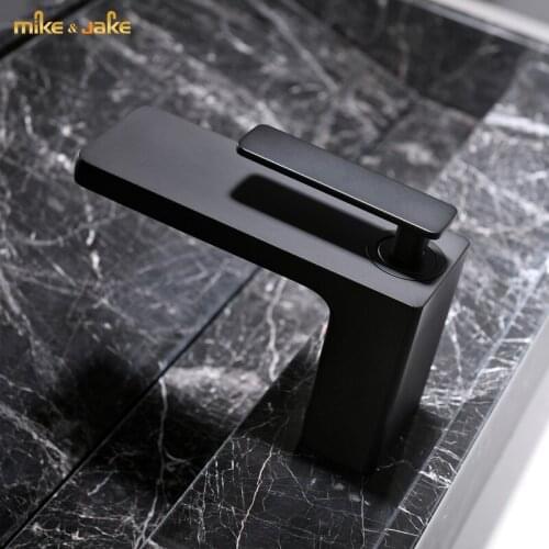 Matt black brass faucet bathroom square mixer hot and cold bathroom basin sink crane water faucet waterfall style black faucet