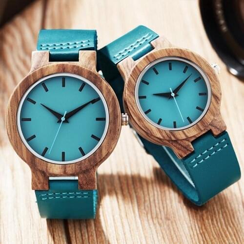 Fashion Wood Watch for Men Women Couple Quartz Blue Leather Band Wooden Case Watch For Male Clock Wristwatch Relogio Masculino