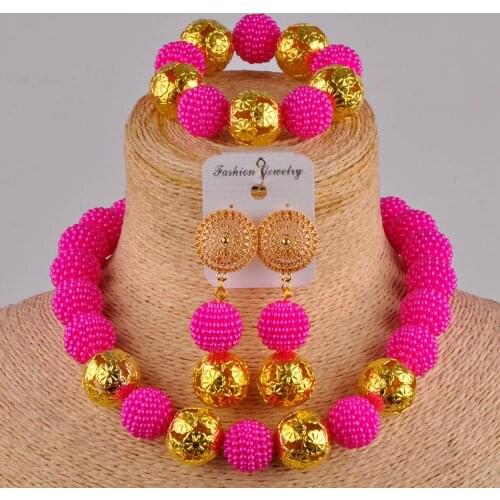 Fuchsia pink simulated pearl Europe and America Nigerian wedding costume African beads party jewelry set ZZ04