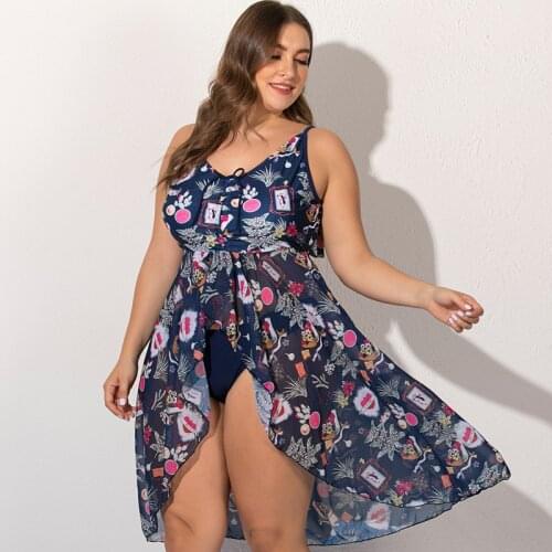 NEW 2020 Women Plus Size Swimsuit Tankini Floral Print Asymmetric Swimdress Bottoms Women Sexy Slit Ruffle Backless Swimwaer