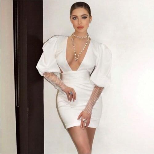 DEVEITEGER NEW FASHION DEEP NECK MESH BENDING SLEEVE BACK HOLLOW OUT ELEGANT CELEBRITY BANDAGE DRESS WOMEN WHITE CASUAL DRESSES