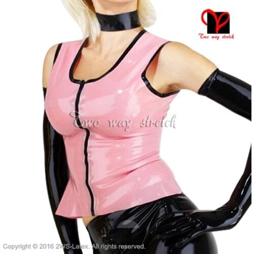 Pink With Black Trims Sexy Latex Vest zipper sleeveless undershirt round collar Top rubber shirt clothes clothing XXXL SY-070