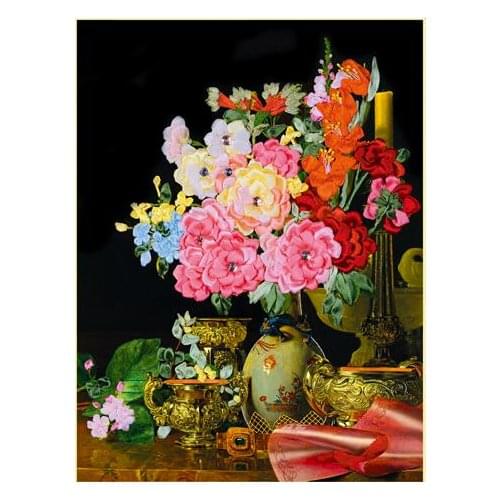 Needlework,DIY Ribbon Cross stitch Sets for Embroidery kit,vase blossom rose peony flowers Cross-Stitch handwork wall decor