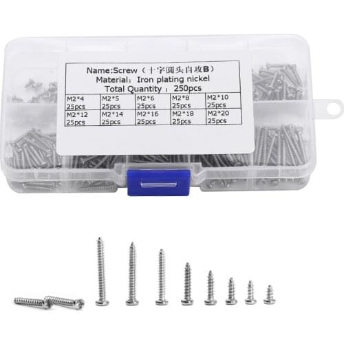 250PCS/Set M2 Screw Round Head Self Tapping Screw Iron Plating Nickel Wood Plasterboard Plated Screw 4-20 Tornillos Schroeven