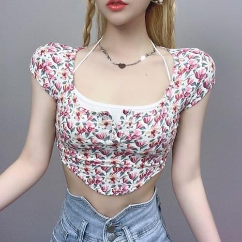 JMPRS Sexy Women Short T Shirt Fashion Floral Print Short Sleeve Sweet Girls Skinny Tees Causal Summer Streetwear Tops New 2021