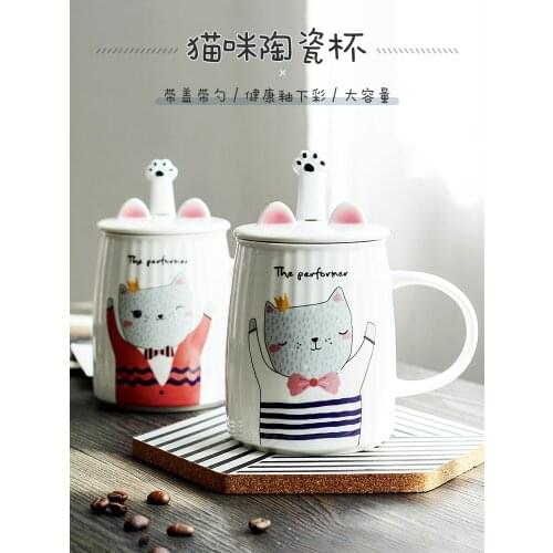 Cute ceramic mack cup children with a cover spoon home drinking cup girl heart breakfast coffee cup cat paw cup