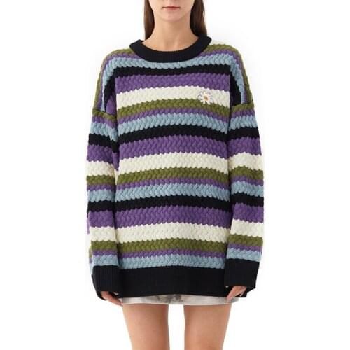 Oversized Rainbow Stripe Embroidered Daisy Flower Sweater Streetwear Mens Womens Fashion Casual Pullover Knitted Top