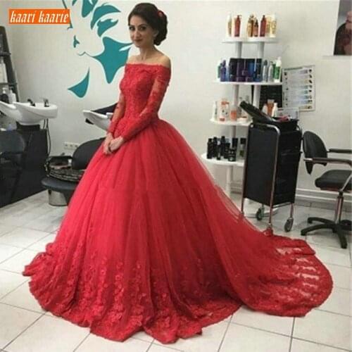 Gorgeous Red Boat Neck Wedding Gown Long Sleeves Off Shoulder Princess Wedding Dress Tulle Lace Applique Marriage Bride Dresses