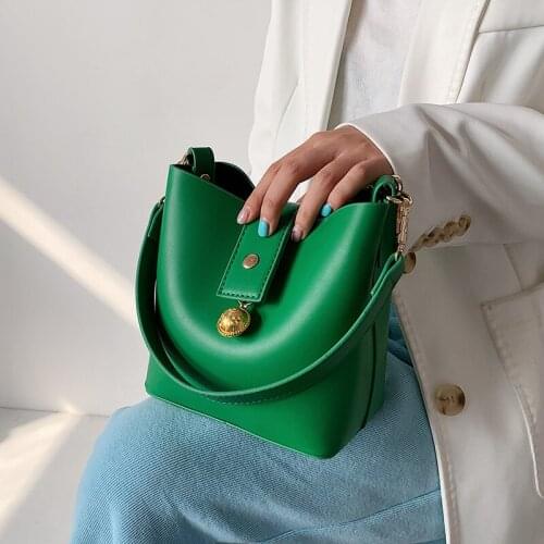 Green Mini PU Leather Bucket Crossbody Bags for Women 2021 Fashion Branded Trendy Luxury Shoulder Handbags Solid Color Totes