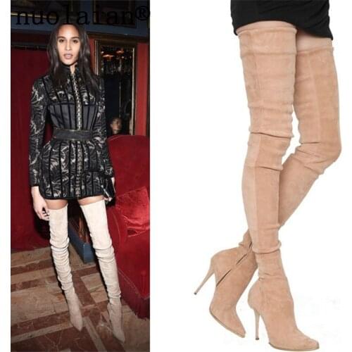 Womens Faux Suede Leather Boots Over The Knee Winter Shoes Woman High Heel Shoes Women Thigh High Motorcycle Boots Ladies Shoe