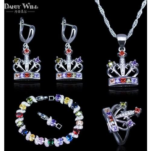 Trendy Crown Colorful Cubic Zirconia Silver Color Jewelry Sets For Women Jewellry Earrings Bracelet Necklace Ring