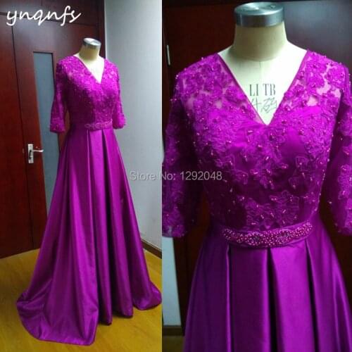 Womens V-Neck Ball Gown Lace Style Applique Long Bridal Dress YNQNFS M70 Real Fuchsia 2019 Long Mother of the Bride Dresses