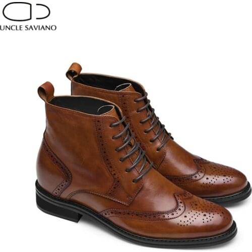 Uncle Saviano Lace Up Winter Mens Boots Brogue Shoes Add Velvet Work Boots Fashion Designer Shoes Men Non-Slip Genuine Leather