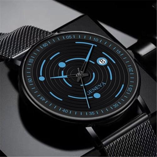 Mens Creative Solar System Dial Mesh Belt Fashion Calendar Watch Luxury Brand Mens Clock Stainless Steel Mesh Belt QuartzWatch