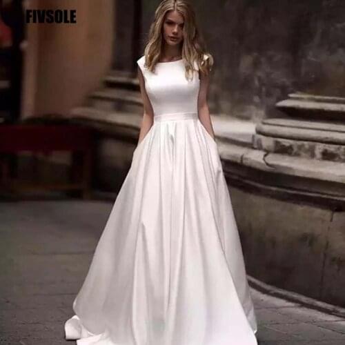Fivsole Cheap Scoop Satin Wedding Dresses 2021 Sleeveless A-Line Short Train Vestido De Noiva Zipper Back Simple Bridal Dresses