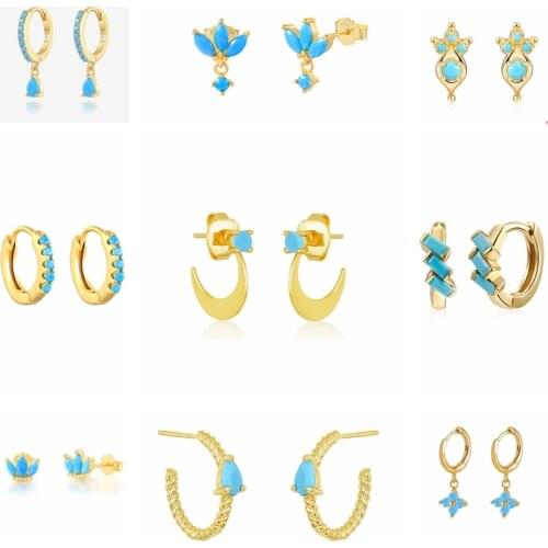 BOAKO 925 Sterling Silver Korean Bling Turquoise Small Loop Earring For Women Girls Minimalist Aretes Bohemia Earrings Jewerly