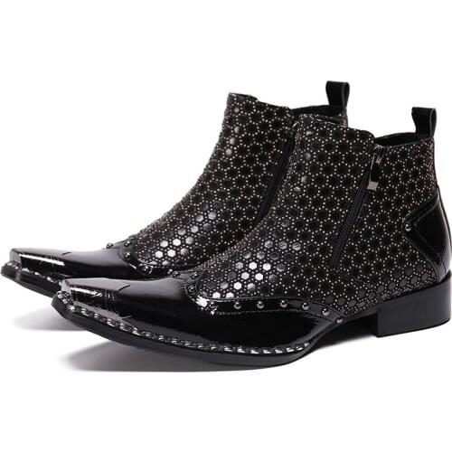 Botas Hombre Cuero Handmade Men Shoes Boots Pointed Iron Toe Patent Leather Ankle Dress Boots Men Formal Snake Skin Party Boots