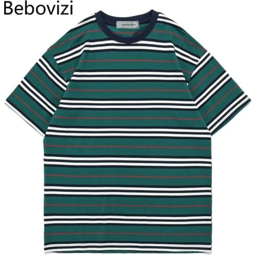 Fashion Green T Shirt Mens Cotton Tshirt Striped for Men Tee Summer Japanese Casual T-shirts Streetwear Tees Oversized