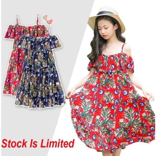 Summer Girls Ruffle Boho Dress Elegant Floral Cotton Maxi Dresses Sleeveless Beach Sundress Teens Girl Party Frocks Kids Clothes
