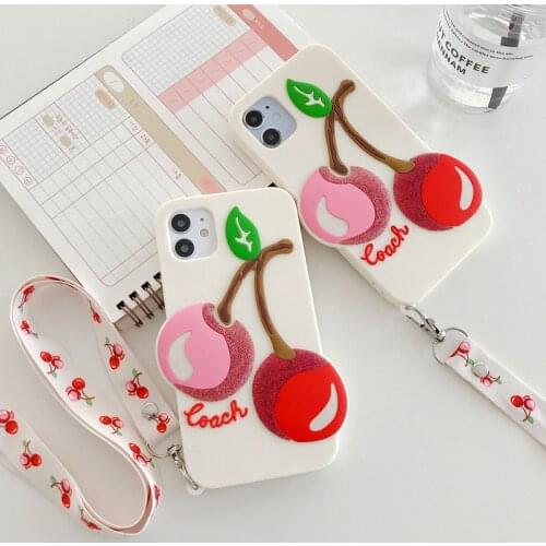 Cute Cherry Phone Case for iPhone 12 11 Pro Max XR XS X 8 7 6 Plus 3D Soft Silicone Protective Cover Lanyard Included