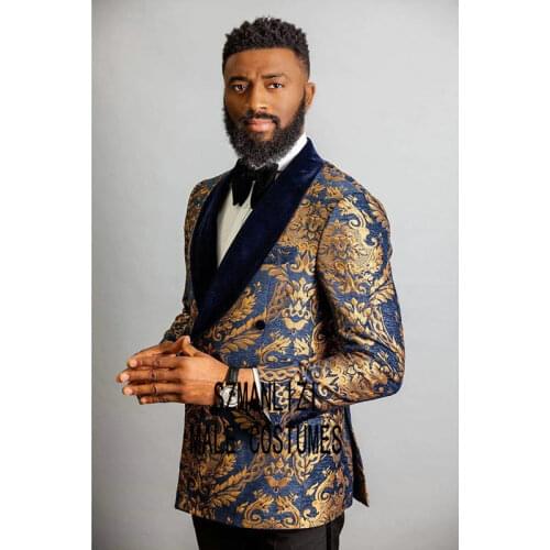 2020 Men Navy Blue Jacquard Velvet Double Breasted Wedding Groom Suit With Pants Tuxedo For Men Wedding Suits Prom Best Man Suit