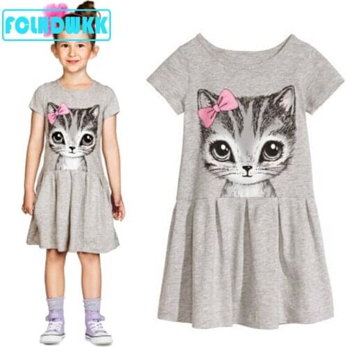 New 2018 Summer Toddler Girls Dress Cat Print Grey Pink Baby Girls Dress Children Clothing Short sleeve Kids Dress 0-8Years Old
