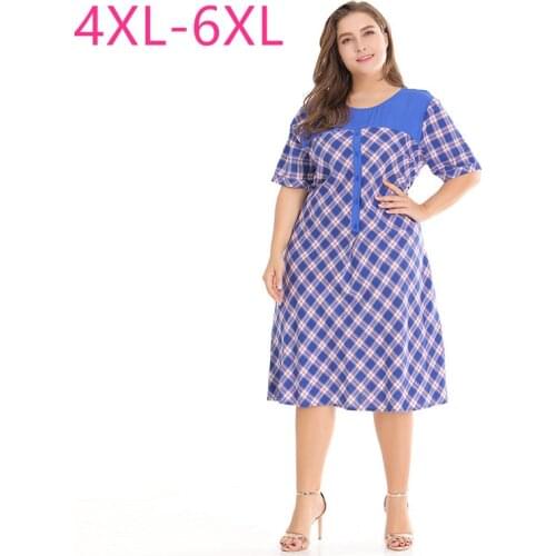 New 2021 summer plus size midi dress for women large short sleeve loose casual blue plaid pocket straight dress 4XL 5XL 6XL