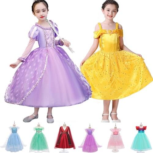 New Princess Dress for Girls Party Costume Summer Sequins Fancy Gown Kids Vestido Rapunzl Elsa Belle Frock Jasmine Dress Clothes
