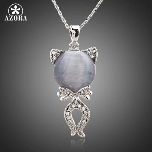 AZORA The Gray Cat White Gold Color Stellux Austrian Crystal Jewelry Pendant Necklace TN0103
