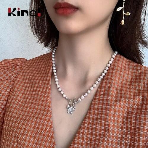 Kinel 925 Sterling Silver Necklace For Women Butterfly Pendant Zircon Natural Baroque Pearl Necklace Wedding Party Fine Jewelry