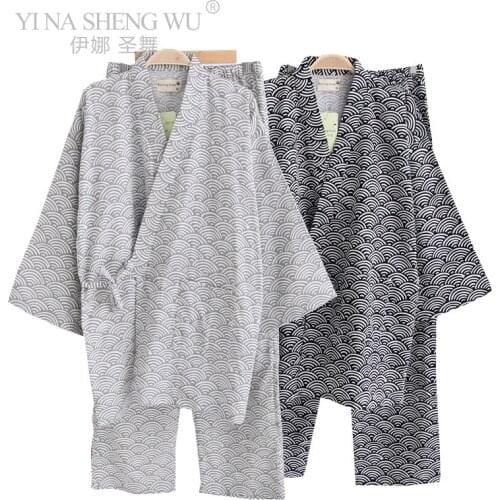 Samurai Man Japanese Yukata Traditional Kimono Suit Pajamas Print V-neck Loose Style Sleepwear Pyjamas Haori Trousers Nightgown