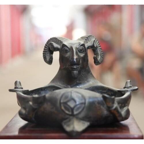 Old China Bronze Copper Sheep Goat Head Ashtray Writing Brush Pen Wash Statue