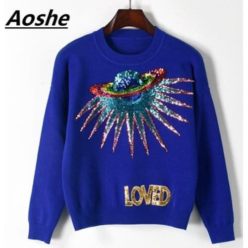 Aoshe Designer Sweater Women 2018 Winter Pullover Sequins Embroidery High Street Knit Jumper Jersey Mujer Invierno Pull Femme