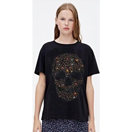 Diamonds Skull T-shirt Women O-neck Short Sleeved Tops Plus Size Tee Shirt Women Tshirt Tops