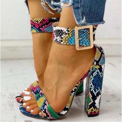 Women sandals PU Buckle Strap 10.5CM Thick heel High heels Round Toe Serpentine Shallow zapatos de mujer women shoes size 35-42