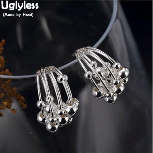 Uglyless 100% Solid 925 Sterling Silver Fine Jewelry for Women Handmade Beading Stud Earrings Hollow Balls Studs Beads Bijoux