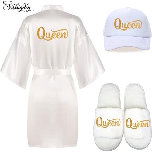 Sisbigdey 3pc set glitter gold Queen robe bride satin robe women kimono pajamas bridal party kimono wedding honey moon robes