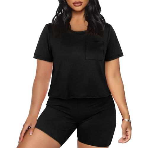 2 Pieces Sportswear Set Female Solid Color O-Neck Short Sleeve T-Shirt with Pocket+ Shorts for Summer S/M/L/XL/XXL