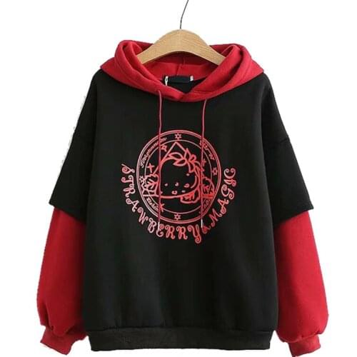 Gothic Womens Strawberry Magic Pitchwork Hooded Sweatshirt Cute Girl Loose Warm Thick Harajuku Autumn Hoodie Casual Pullovers