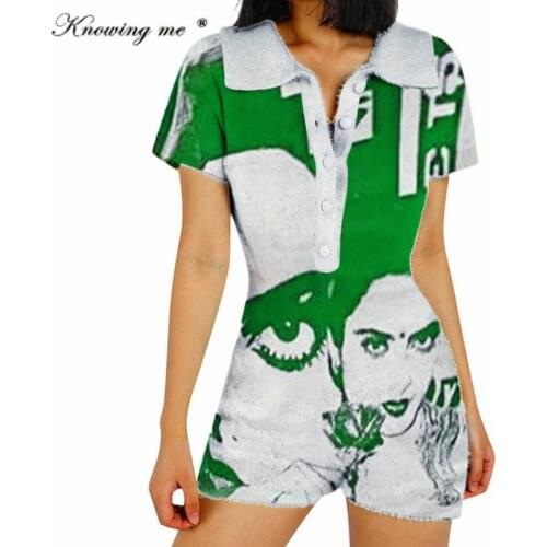 2021 Knitted Short Sleeve Playsuit Women Patchwork Y2K trun down collar Neck Romper Sexy button Bodysuits