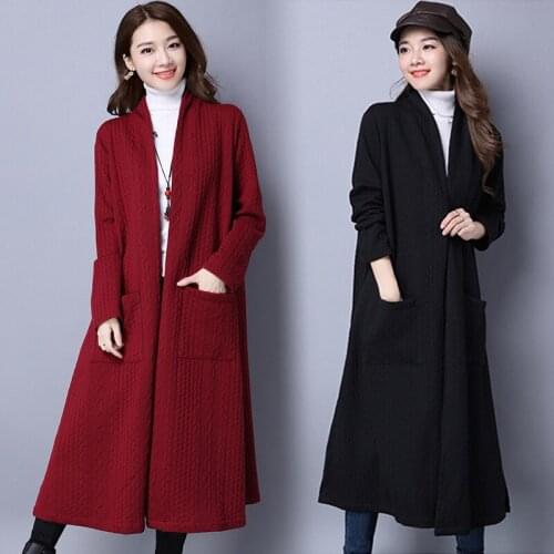 Spring and autumn new national style womens loose long coat wild cardigan thickening art long-sleeved solid color windbreaker