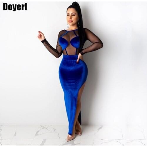 Backless Sexy Party Long Dress Women Open Back Long Sleeve Velvet Patchwork Sheer Mesh High Split Elegant Bodycon Maxi Dress