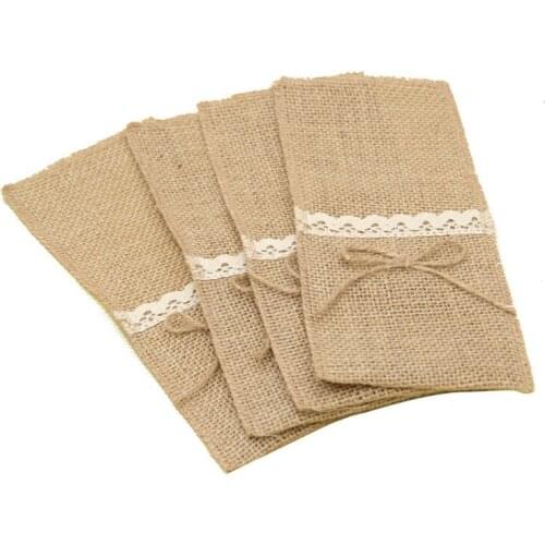 2pcs Natural Burlap Tableware Utensil Holders Burlap Lace Silverware Holder Knife and Forks Cutlery Pouch Bag for Wedding Party