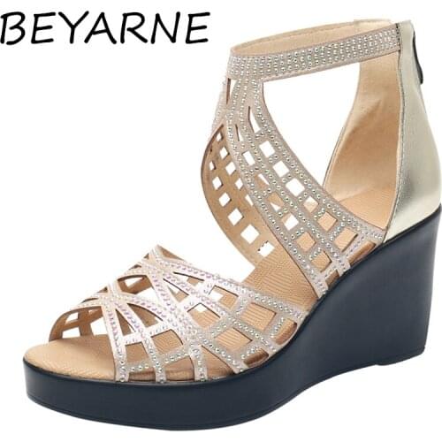 BEYARNE2020 Rhinestone Women Sandals Platform Wedges High Heels Sandals Fashion Hollow Out Open Toe Summer Women Shoes
