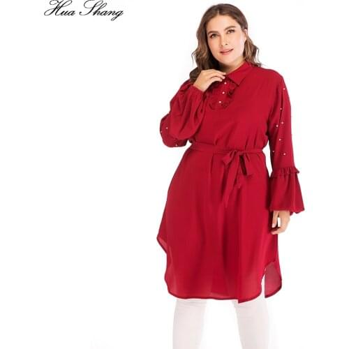 Autumn Winter Blouses For Women Plus Size 5XL Female Turn Down Collar Lantern Long Sleeve Blouse Shirt Red Beading Tunic Tops